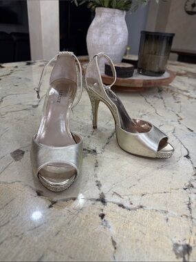 Alfani Metallic Gold Peep-Toe Ankle-Strap Stilettos